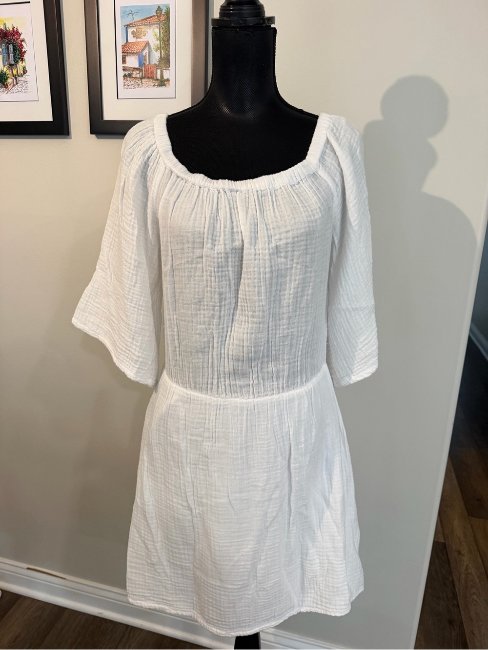 Michael Stars Women’s White Gauze 3/4 Sleeve Mini Dress L